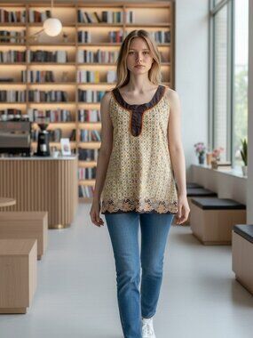 EUC JENNIFER & GRACE ( MED ) Printed Bohemian Blouse Yoke Floral Embroidery